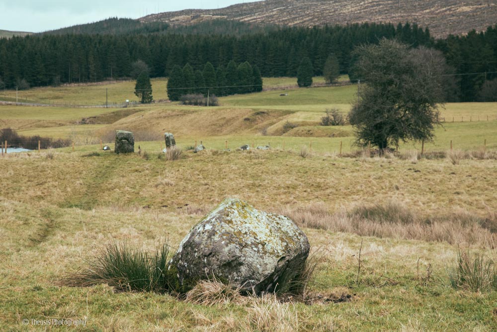 Looking to the Loupin Stanes from one of the stones leading between the two circles.